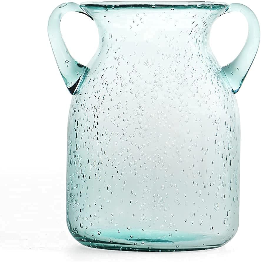 MDLUU Seeded Glass Vase, 4.6" W x 6.7" H, Clear, Double Ear Design, Coastal Modern Style, Perfect for Dining Room, Bedroom, Bathroom