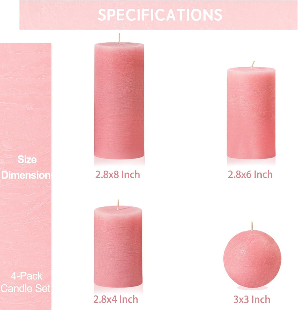 Pink Textured Pillar Candles Set - 4 Pcs Assorted Sizes Rustic Unscented Pillar Candle, Decorative Farmhouse Candles for Home Centerpiece Decor, Holiday Dinner Table, Dripless & Smokeless