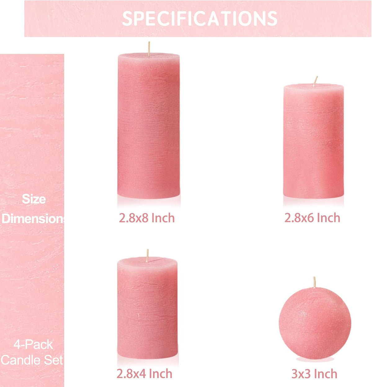Pink Textured Pillar Candles Set - 4 Pcs Assorted Sizes Rustic Unscented Pillar Candle, Decorative Farmhouse Candles for Home Centerpiece Decor, Holiday Dinner Table, Dripless & Smokeless