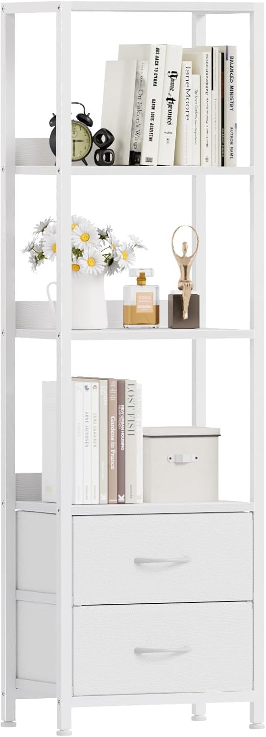 Furnulem 4-Tier Corner Shelf,White Narrow Bookshelf with 2 Storage Drawers