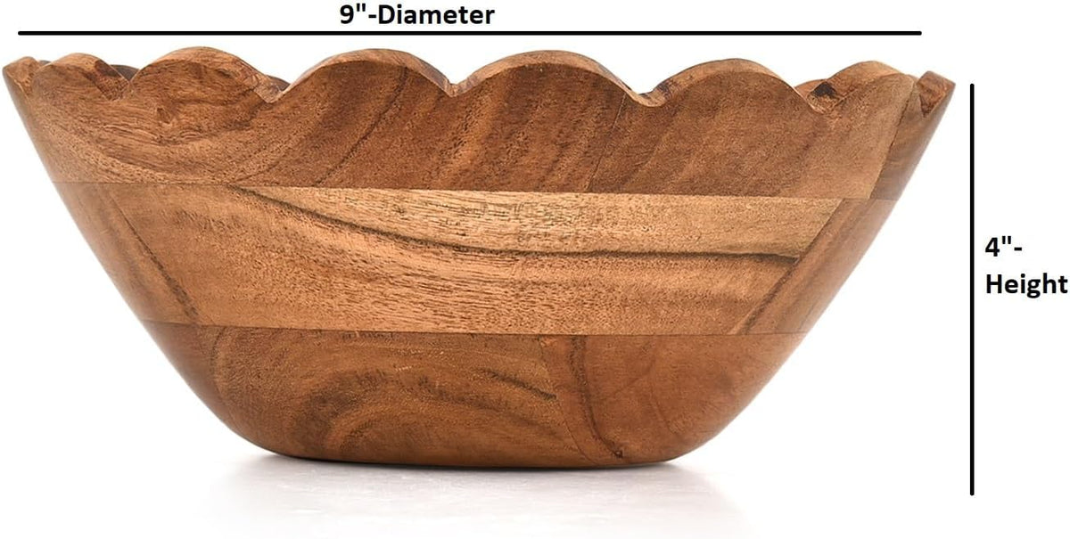 Fruit Bowl Acacia Wood Decorative Wooden Bowl for Kitchen, Dining Table & Entryway Centerpieces and Farmhouse Table Decor (9" x 9" x 4")
