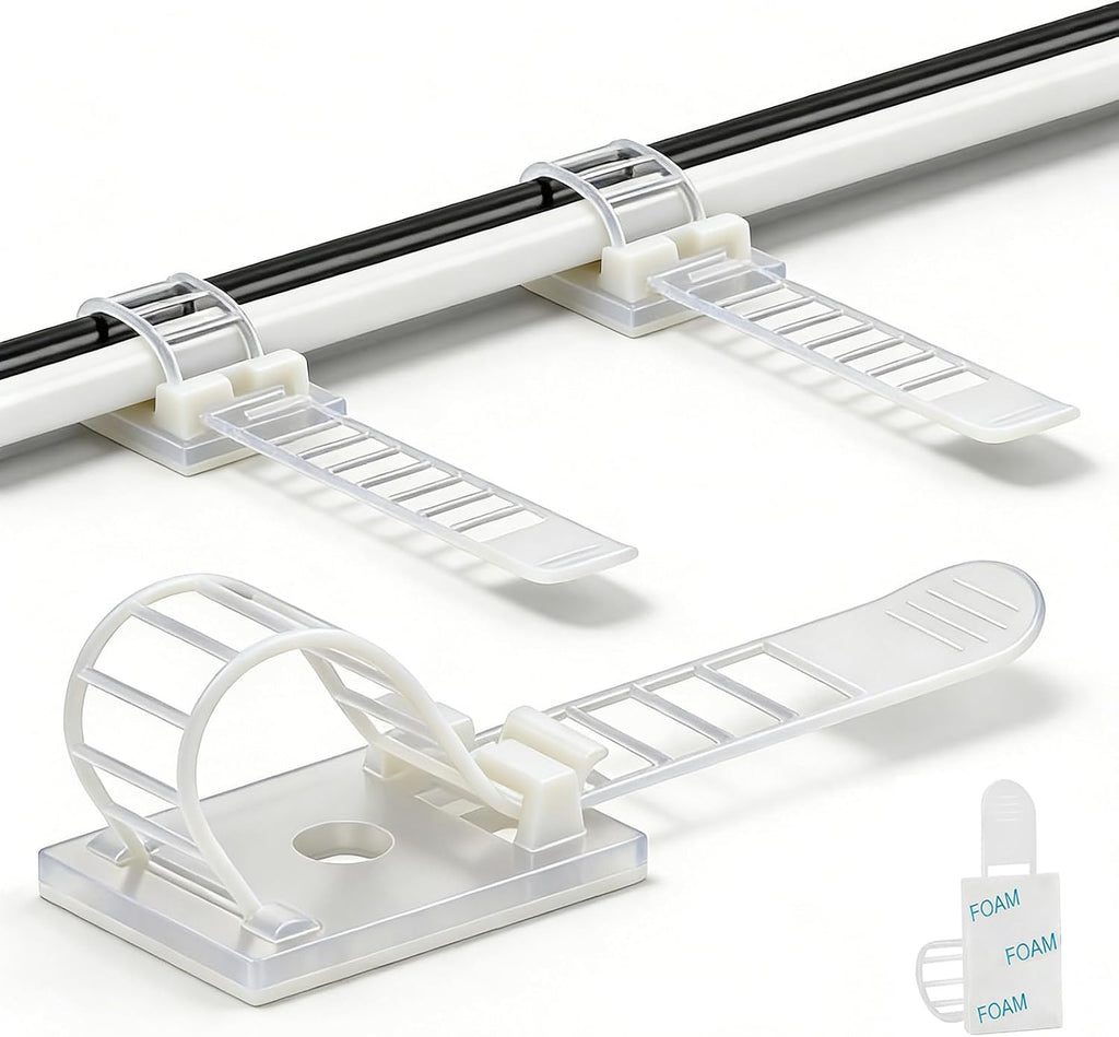 Cable Ties Cable Clips Wire Management Cord Clips Under,Desk Cable Management Reusable Zip Ties Wire Organizer Under Desk 50 packs (White)