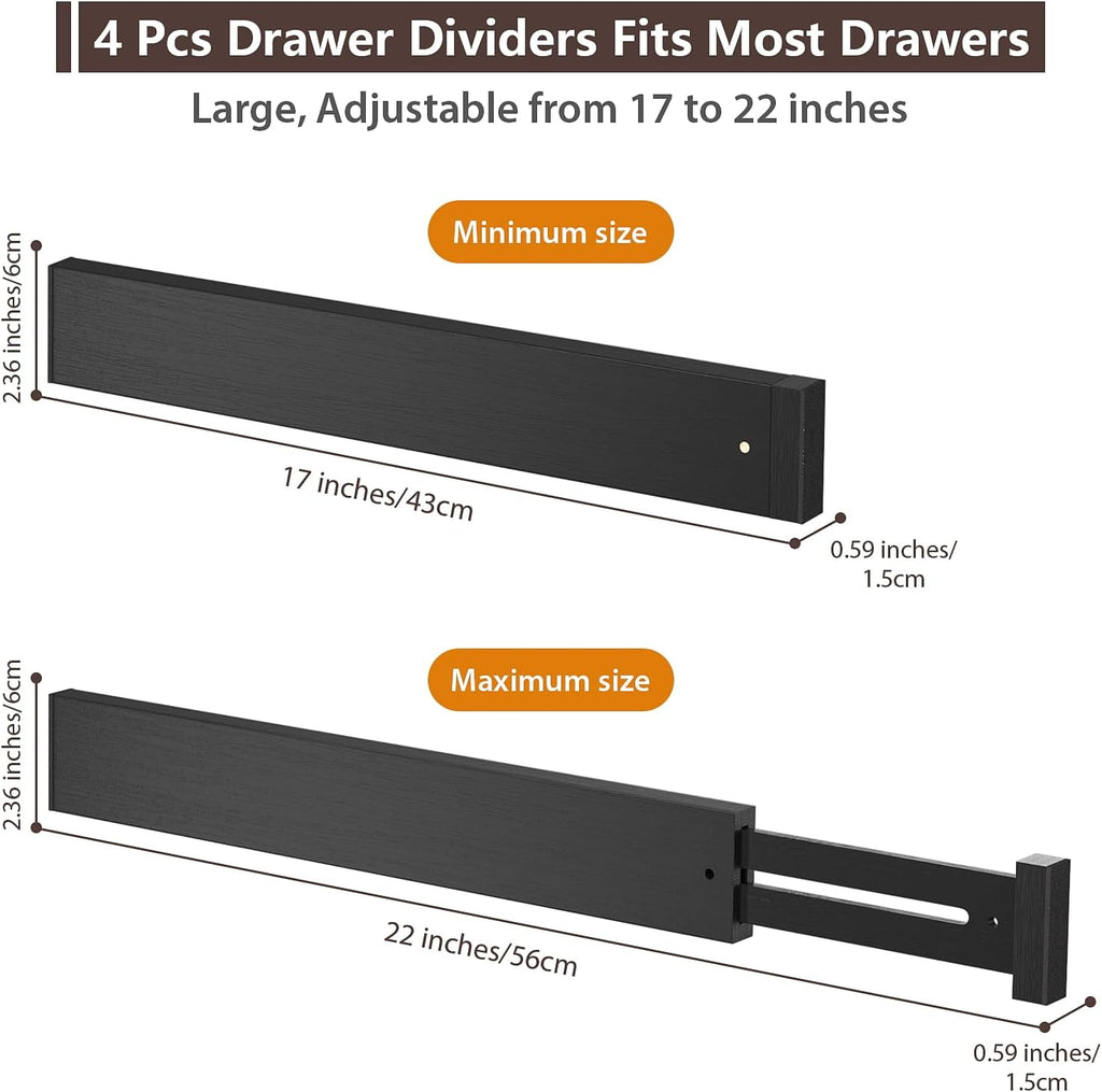 4 Pack Bamboo Drawer Dividers 17-22" Adjustable Kitchen Organizer, Black