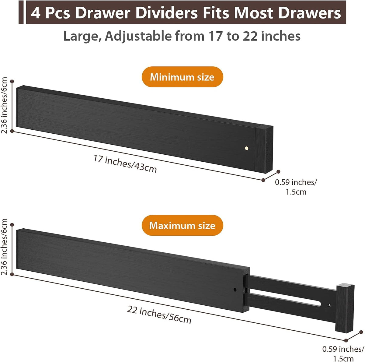 4 Pack Bamboo Drawer Dividers 17-22" Adjustable Kitchen Organizer, Black