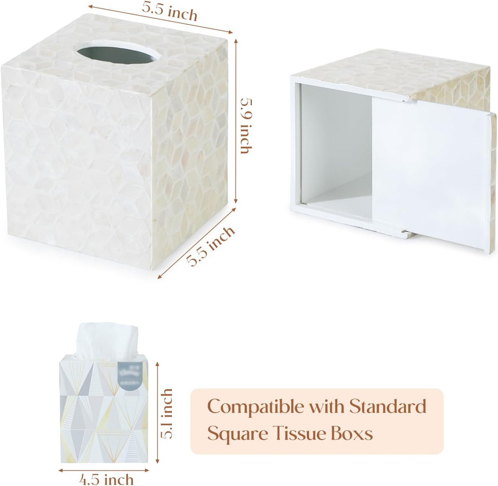YANGQIHOME Capiz Shells Tissue Box Cover, Handmade Decorative Tissue Box Holder with Mother of Pearl, Square Facial Tissue Holder for Bathroom, Living Room, Kitchen, 5.5" x 5.5" x 5.9" (White)