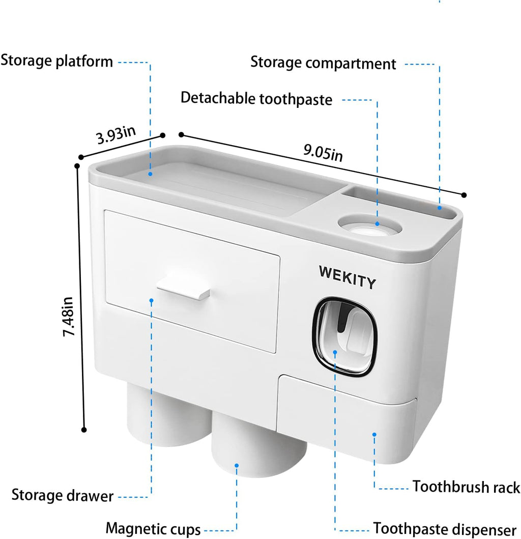 Wekity Multifunctional Wall-Mounted Toothbrush Holder, Automatic Toothpaste Dispenser Space Saving Toothbrush and Toothpaste Holder, with 2 Cups and Drawers Cosmetic Organizer(Grey)