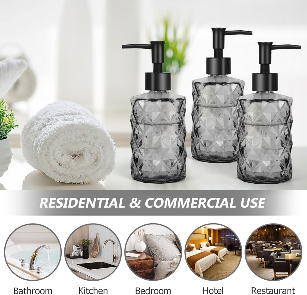 4pcs Black Glass Soap Dispenser Set, 11oz/330ml Diamond Hand Soap Dispenser