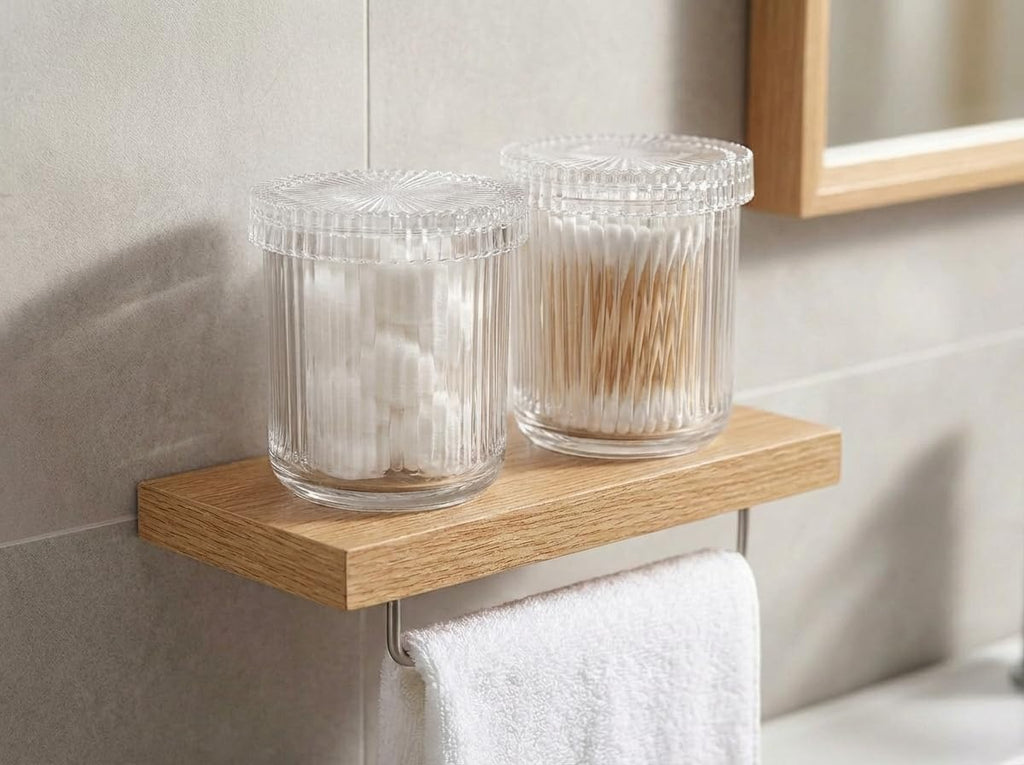 SheeChung 2 Pack Glass Qtip Holder Dispenser Set, Apothecary Jars with Lids