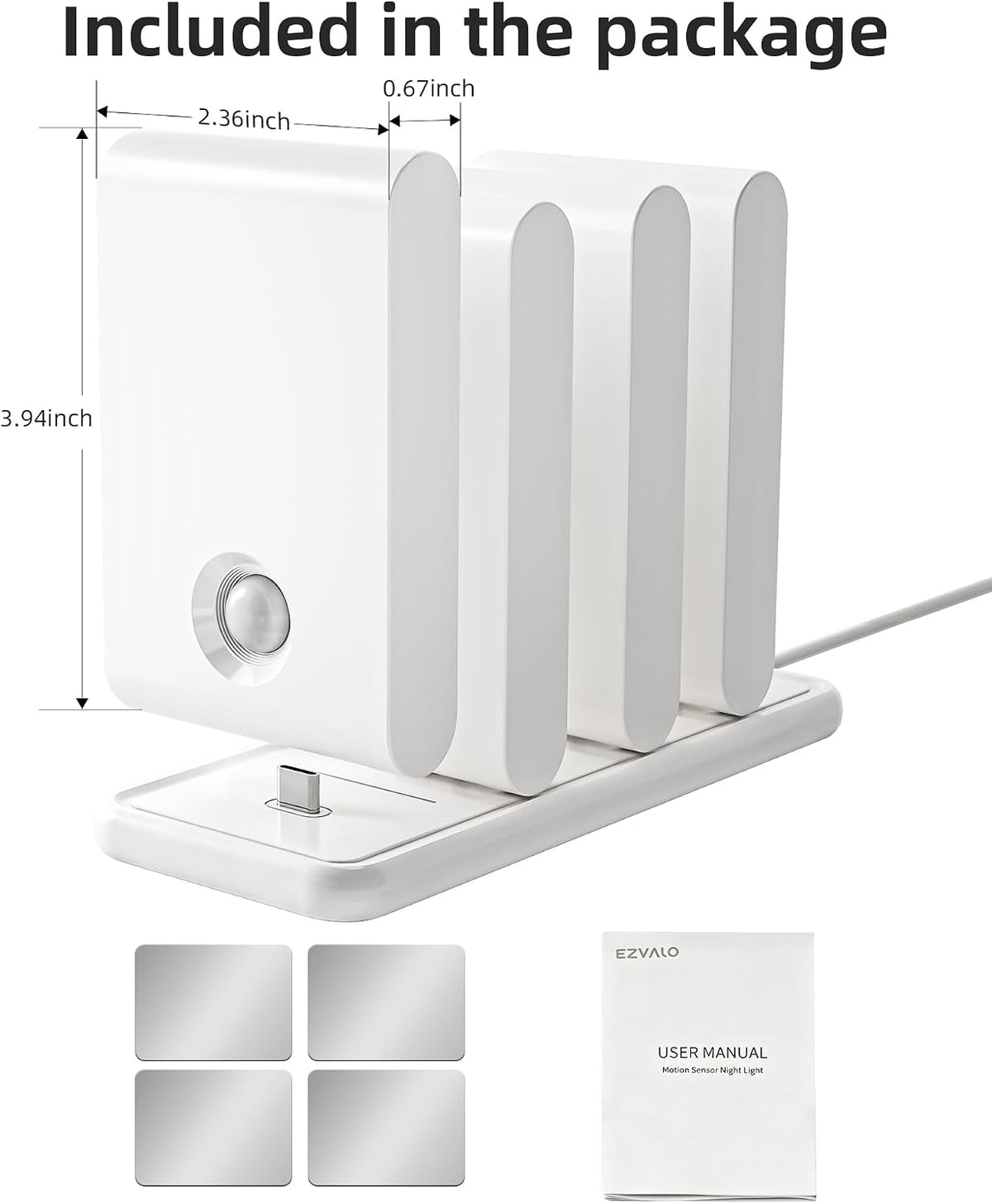 EZVALO Motion Sensor Night Lights, Rechargeable 1500mAh LED Stair Lights with Magnetic & Dimmable, Auto On/Off 3000K Soft White, Stick-On for Stairs, Hallway, Bathroom (4 Pack with Charging Station)