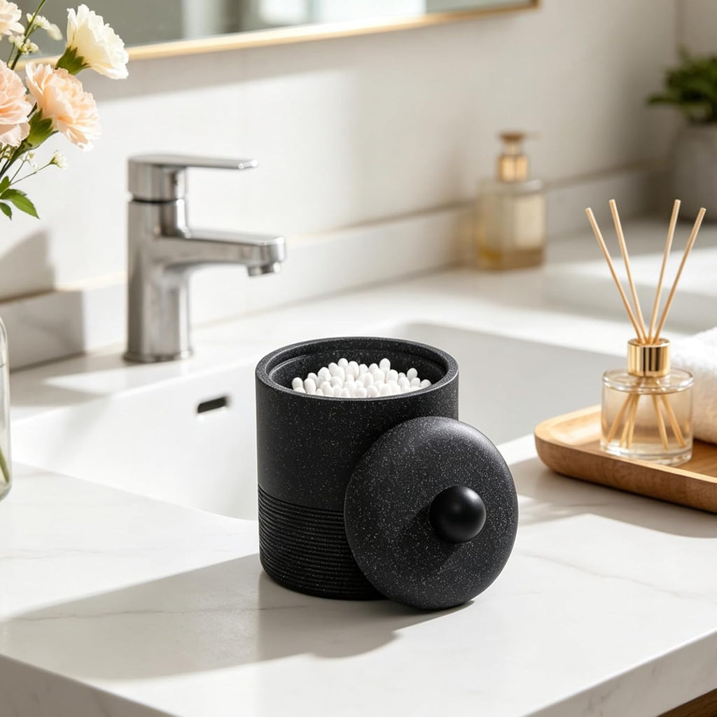 Lidded Qtip Holder, Durable Resin Qtip Container, Bathroom Cotton Swab Container Suitable for Cotton Swabs, Makeup Pads, Dental Floss Picks, Makeup Sponges, And Small Bathroom Accessories (Black)