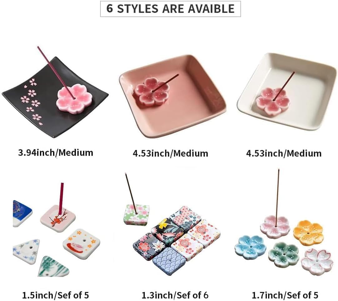 Japanese Cherry Blossom Ceramic Handmade Cute Incense Stick Holder or Incense Burner Holder, Unique Ash Catcher Inscent Tray and Decorative Gift, Home Decor 3.96 inches, Square Black