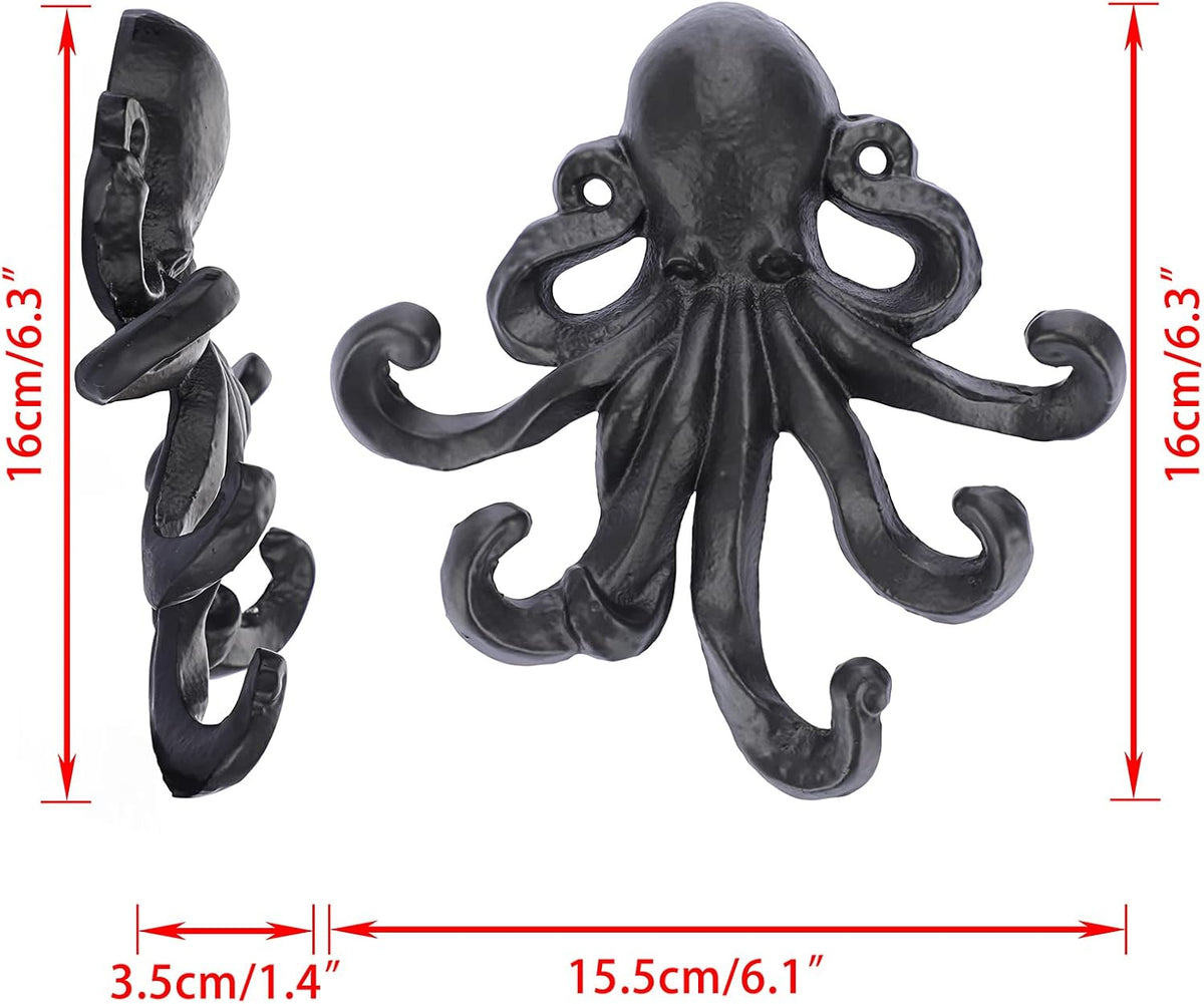 Sumnacon 6 Inch Cast Iron Octopus Coat Hook - Rustic Metal Wall Rack for Key Towel Bag, Hat Scarf with Screws, Decorative Duty Clothing Hanger for Bedroom Bathroom Kitchen Balcony Entry Door, Black