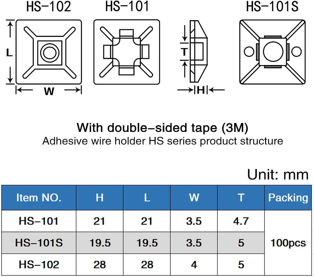 XHF 100 PCS 3/4" White Self Adhesive Cable Zip Tie Mounts Wire Cable Clips Holders Management Anchors Organizer Holders Squares(HS-101S) (Pack of 2)