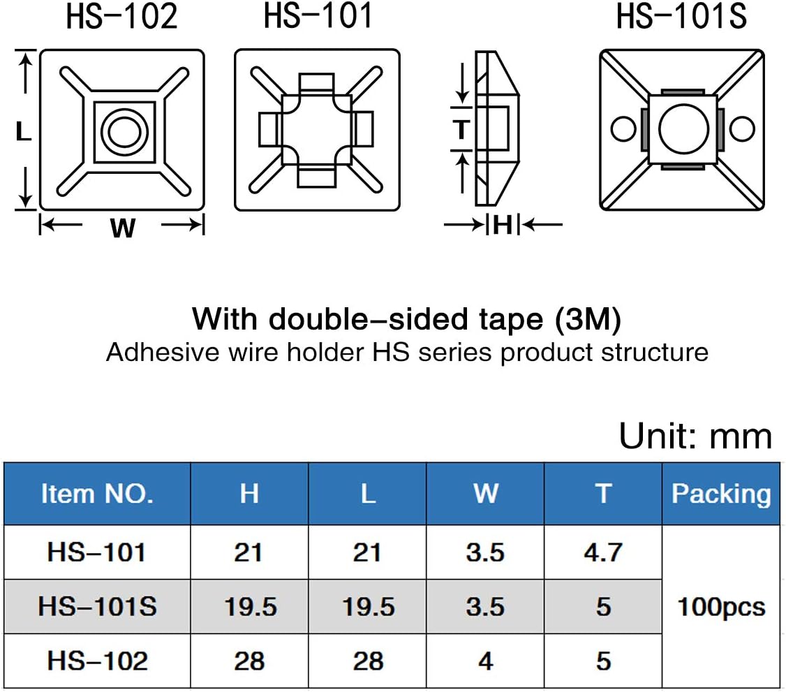 XHF 100 PCS 3/4" White Self Adhesive Cable Zip Tie Mounts Wire Cable Clips Holders Management Anchors Organizer Holders Squares(HS-101S) (Pack of 2)