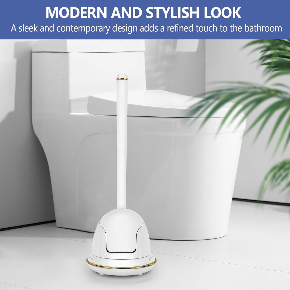 Gold Toilet Brush and Holder Set, Auto-Open Lid, Ventilated Base, White