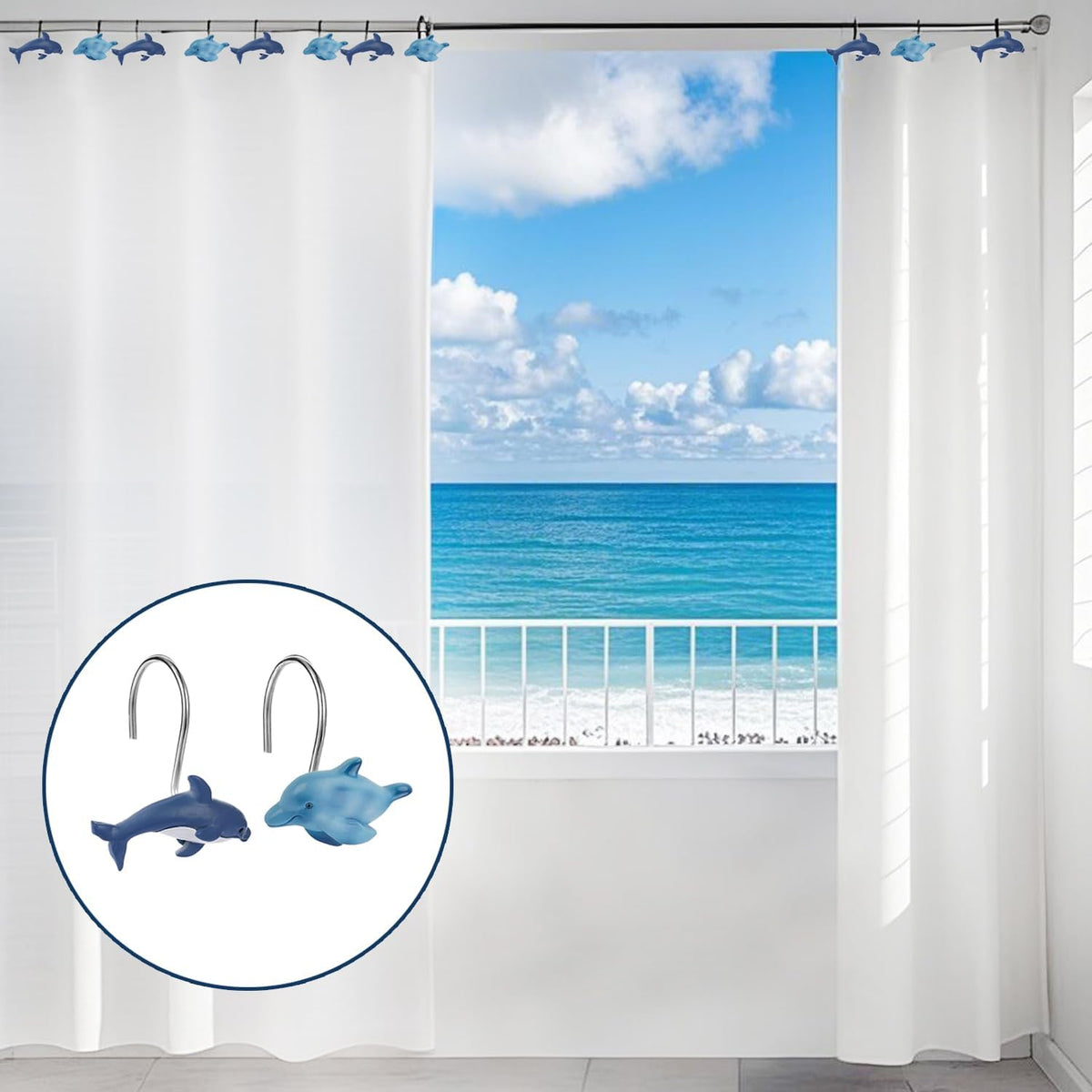 12 PCS Dolphins Shower Curtain Hooks Nautical Shower Curtain Hooks Shower Curtain Rings Rust Proof Beach Theme Bathroom Decor for Bathroom Bedroom Baby Living Room, Kids Bathroom Decor