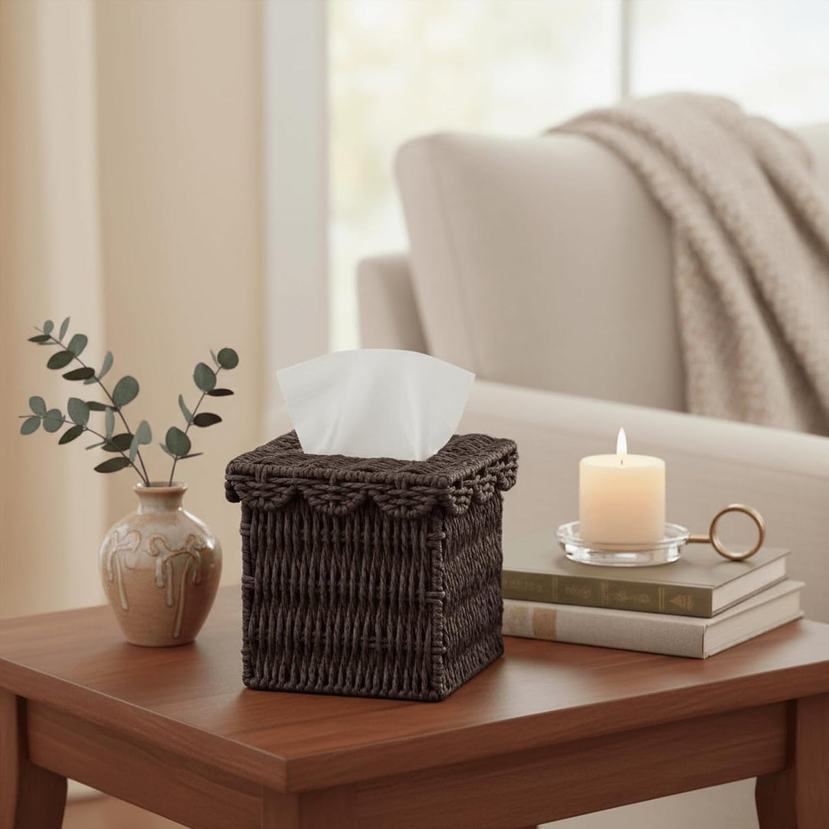 CubesLand Square Wicker Tissue Box Cover W/Scalloped Lid for Home Decor