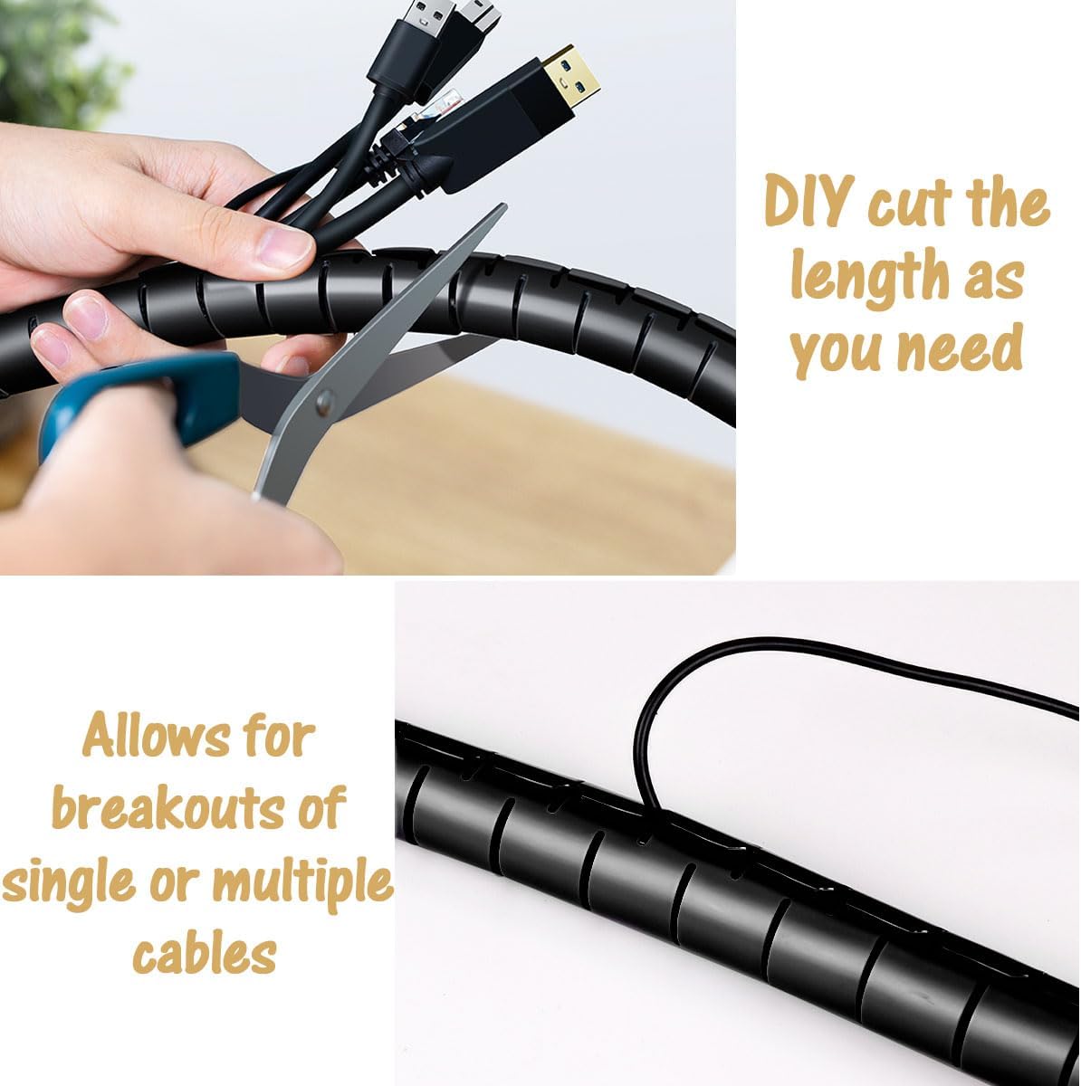 Large PC Cable Management Tube Sleeve Under Desk Wire Organizer for Cords 2 PCS Black, 1.1 inch -5 ft EZ Spiral Cable Wrap Cover Bundler w/Clips for TV Office, Pet Proof Cable Protector