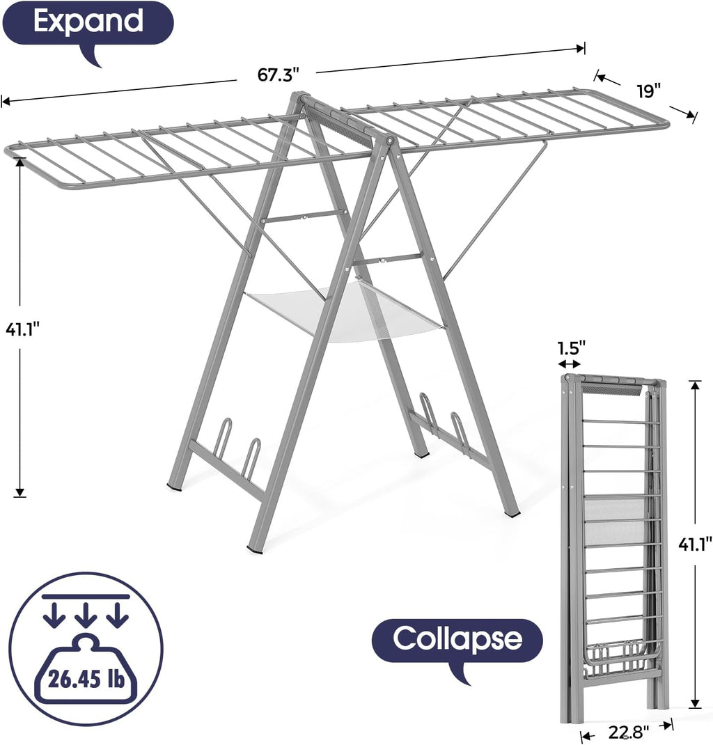 APEXCHASER Clothes Drying Rack, 67.3" L Height Adjustable, Foldable, Grey