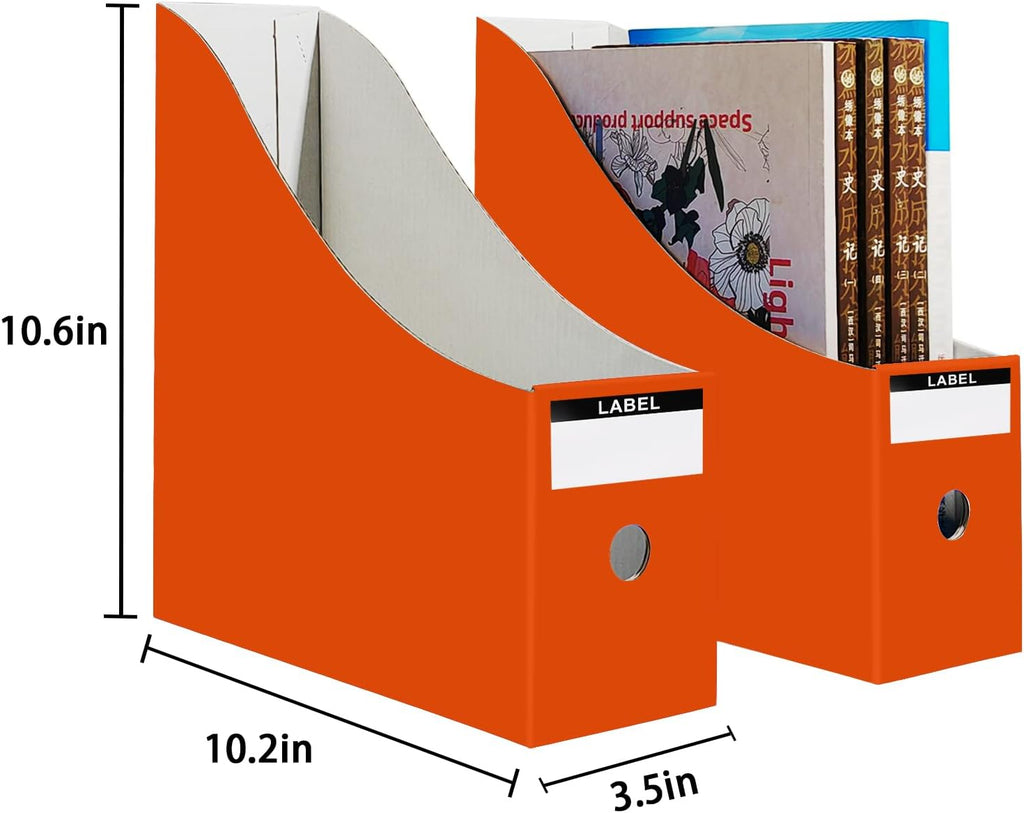Limitliho 2 Pack Cardboard Magazine Storage Boxes, Vertical File Organizer Box for Desk or Shelves, Book Holder for Classroom,Office,Home(Orange-Red, 10.6" H x 10.2" L x 3.5" W in)