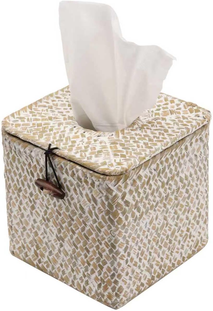 Seagrass Tissue Box Cover Square Tissue Box,Woven Tissue Box Holder with Lid,Rustic Tissue Cover for Bathroom Vanity Toilet Living Room Bedroom Kitchen Office Desk Car, Whitewash