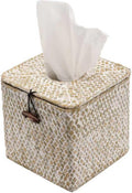Seagrass Tissue Box Cover Square Tissue Box,Woven Tissue Box Holder with Lid,Rustic Tissue Cover for Bathroom Vanity Toilet Living Room Bedroom Kitchen Office Desk Car, Whitewash