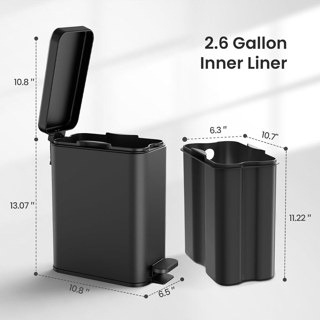 Cesun 2.6 Gallons Small Bathroom Trash Can with Lid Soft Close, Black