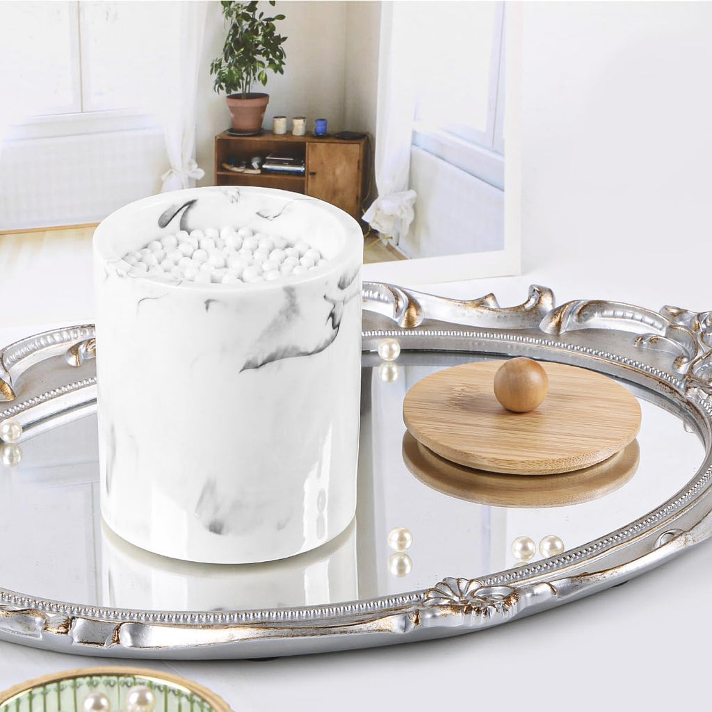Bathroom Qtips Jars with Lid,Vanity Cotton Swab Holder,Resin Apothecary Dispenser Container,Marble Makeup Sponges Canister,Bath Salts Storage Organizer Box (Marble White with Bamboo Lid of 2)