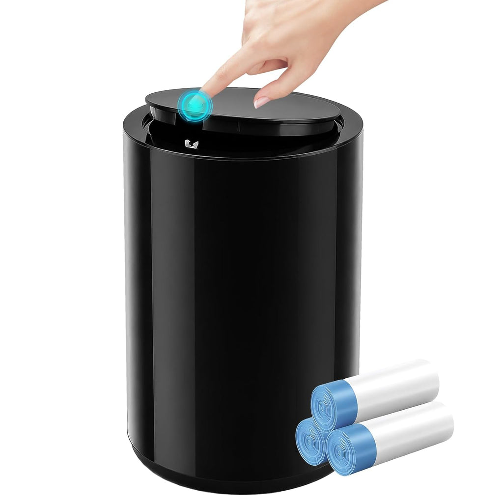 Small Bathroom Trash Can with Lid, 2.1 Gallon Plastic Garbage Can Black