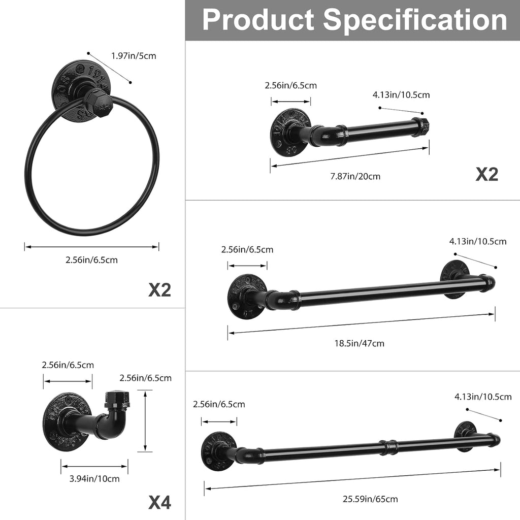 CADUKE 13-Pieces Black Bathroom Hardware Set Industrial Pipe Towel Bar