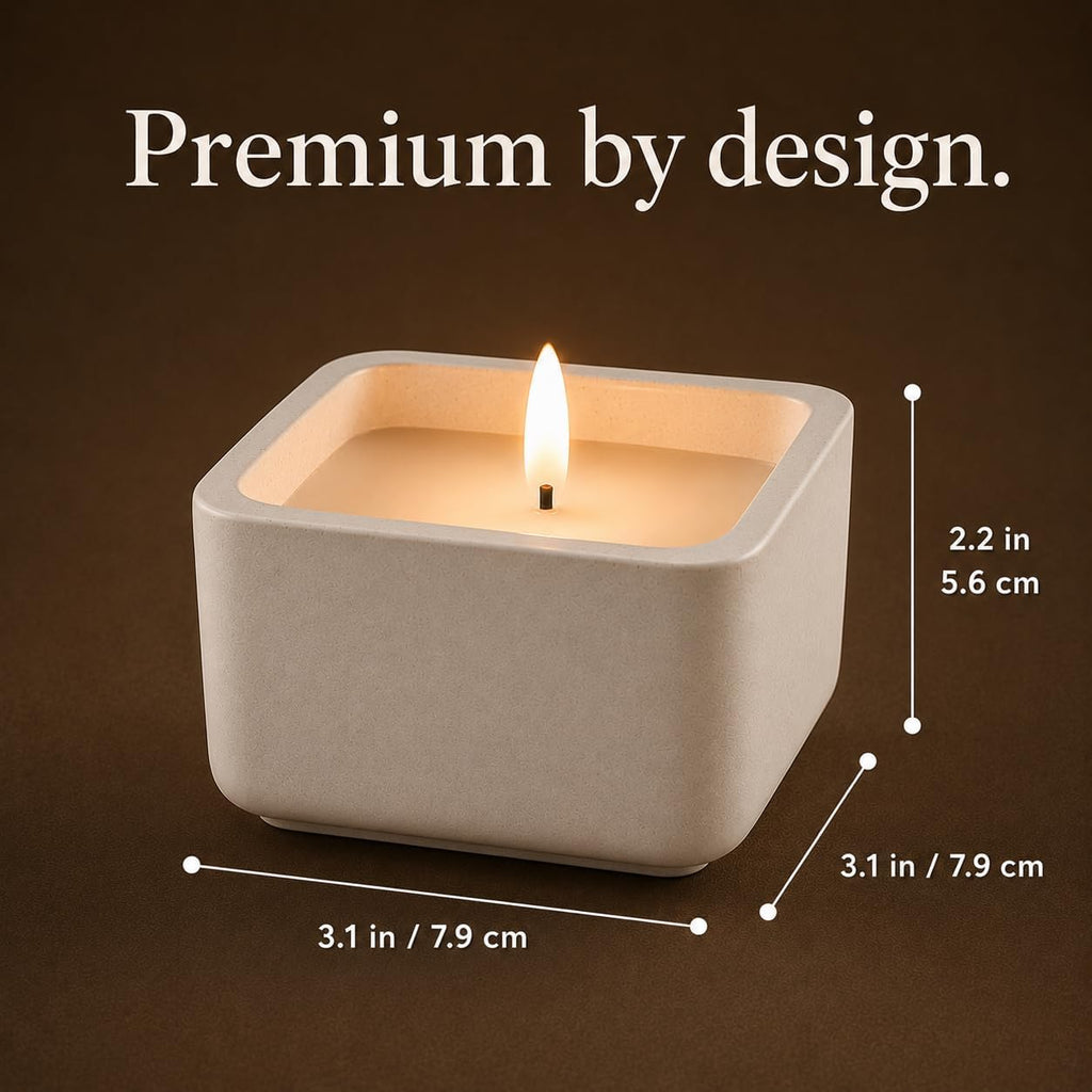 Flameless Candle - Square LED Candle with Real Wax in a Cement Base |Battery Operated, 500+ Hours | Housewarming Gift, Home Décor, Bathroom, Coffee Table (Ivory)