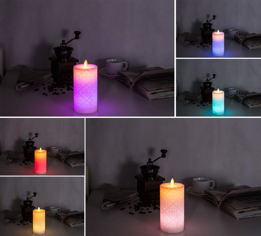 Flameless Candle, Real Wax LED Candle, Safety RGB Light, Run by 2 AA Batteries(not Included), Ivory Wax, D: 3.2'', H: 6.3'', Floral Pattern, Dancing Flame, Remote to Multi Color, 4H 8H Timer, Flicker