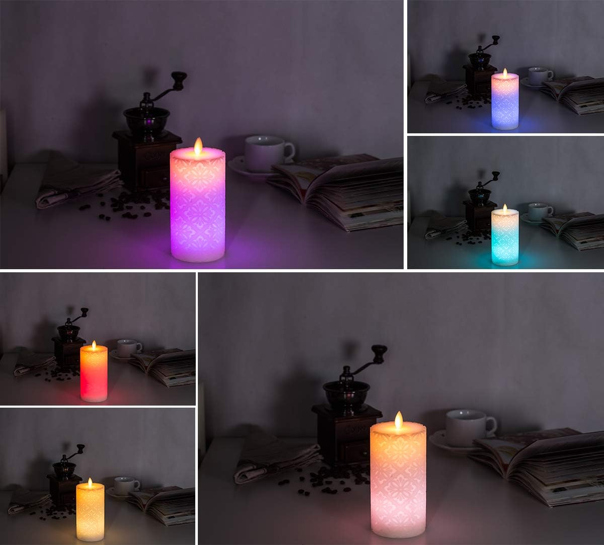 Flameless Candle, Real Wax LED Candle, Safety RGB Light, Run by 2 AA Batteries(not Included), Ivory Wax, D: 3.2'', H: 6.3'', Floral Pattern, Dancing Flame, Remote to Multi Color, 4H 8H Timer, Flicker