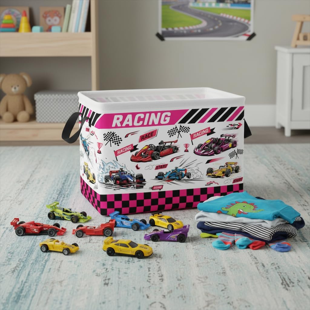 Rectangular Storage Basket Waterproof Collapsible Bin for Bedroom Books Box Room Decor F1 Car 14.9x10.2x9.8 Inches