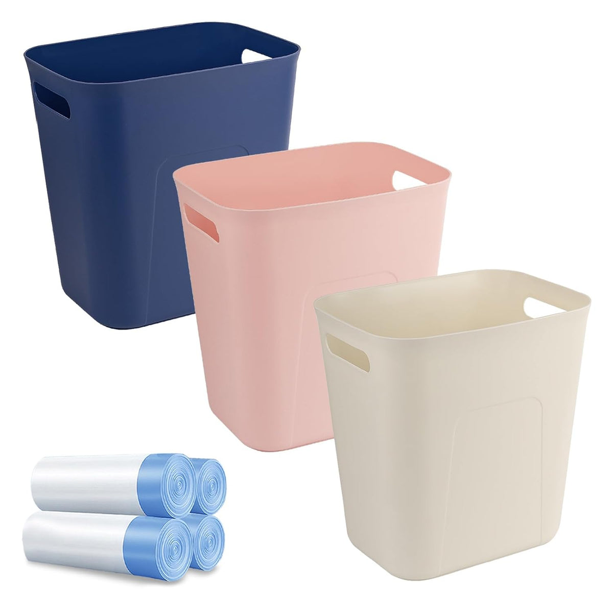 Small Bathroom Trash Can with Bags Garbage Can, 3 Pack, Pink+Blue+Beige