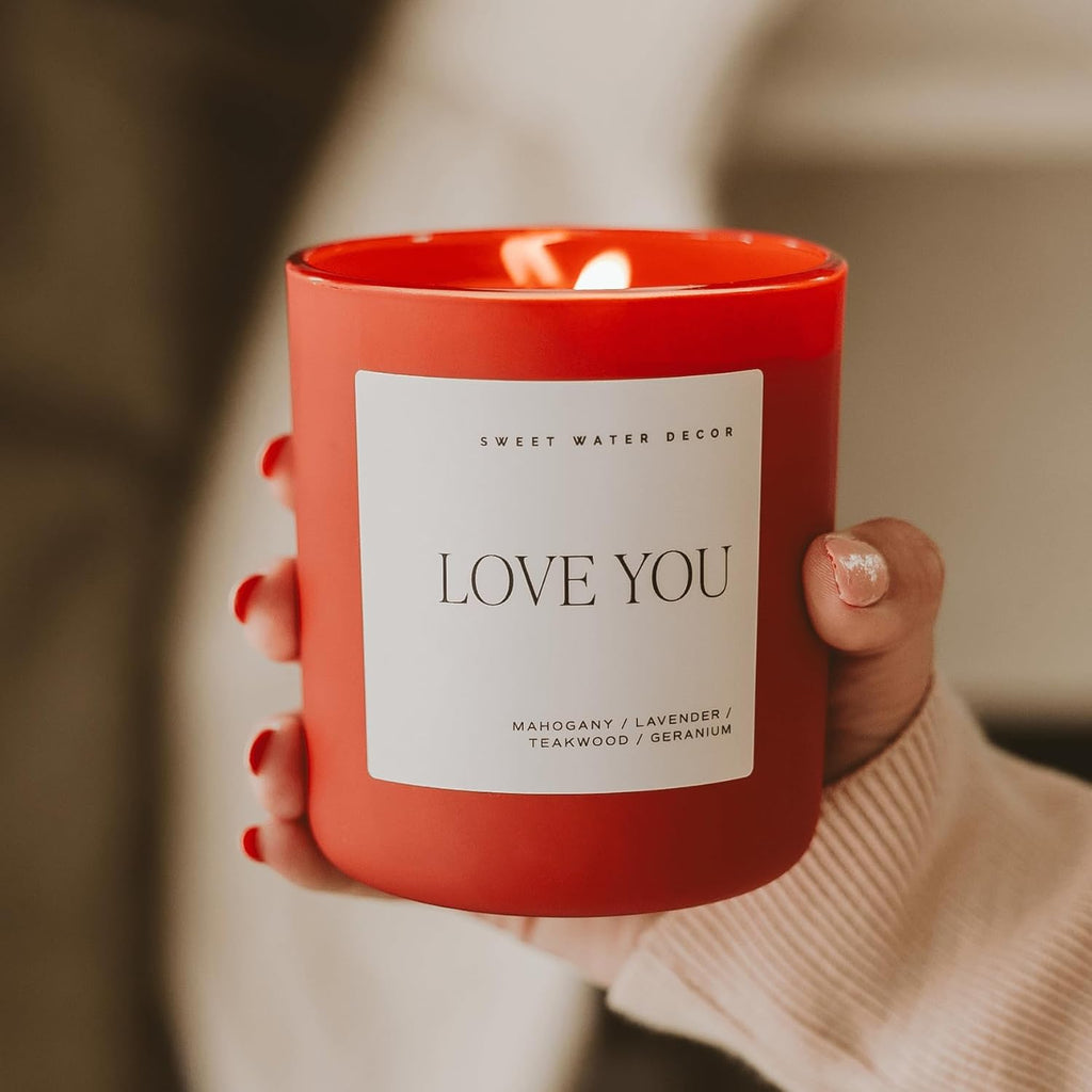 Sweet Water Decor Love You Scented Candle Gift, 15oz Red Matte Jar, Soy Wax