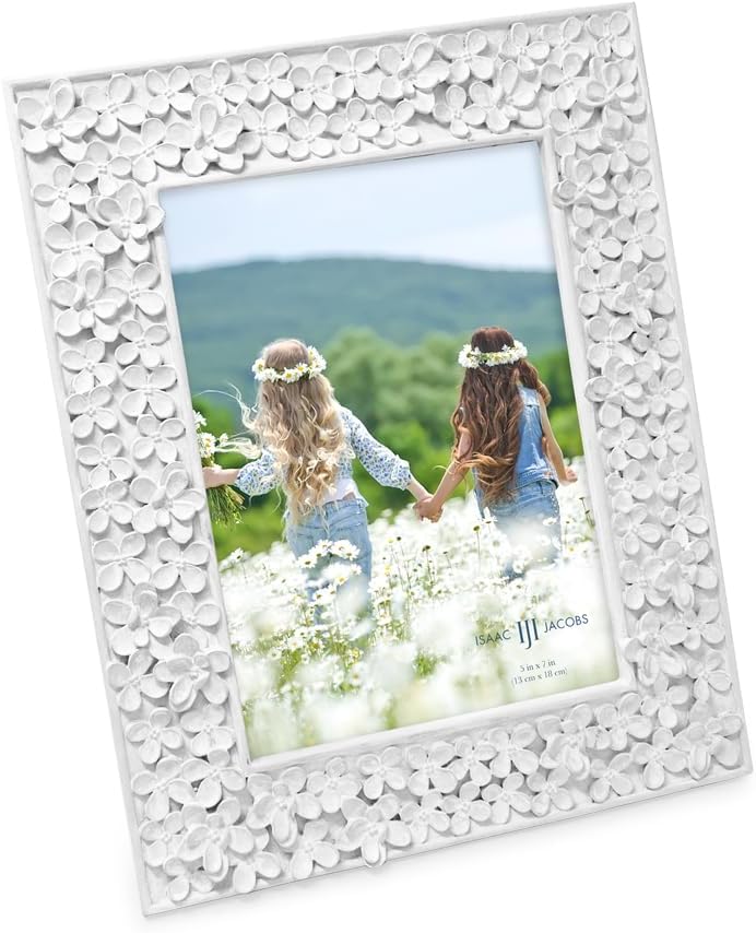 Isaac Jacobs 5x7 White Flower Textured Hand-Crafted Resin Picture Frame