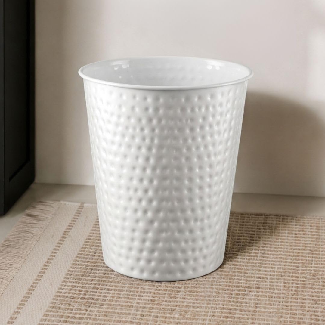Monarch Abode Metal Bathroom Trash Can – Waste Basket for Bedroom, Office Desk, & Dorm, Hand Hammered, Durable Decorative White Small Trash Can Bathroom Garbage Bin Wastebasket