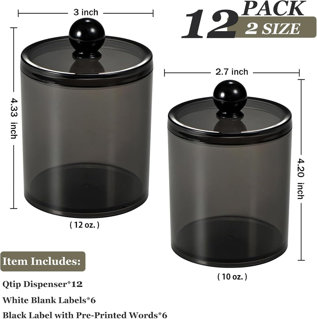 SheeChung 12 Pack Black Qtip Holder,Acrylic Apothecary Jars with Lids