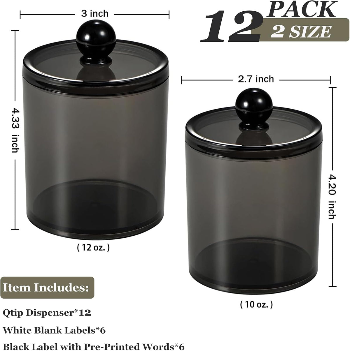 SheeChung 12 Pack Black Qtip Holder,Acrylic Apothecary Jars with Lids