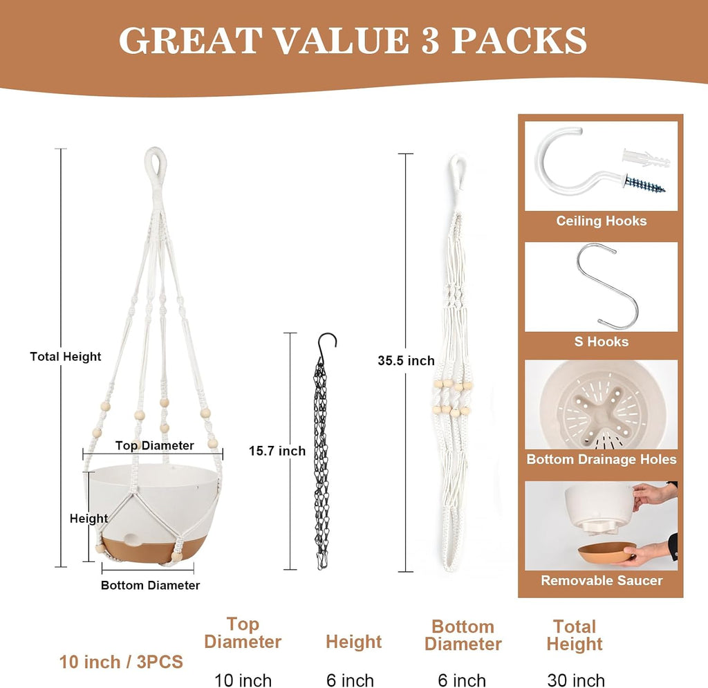 3 Pack Hanging Pot for Indoor Plants, 10inch Self-Watering Hanging Planter, Macrame Plant Hanger with Pot, Metal Chain, S & Ceiling Hooks, Removable Saucer and Drainage Holes for Garden Home - White