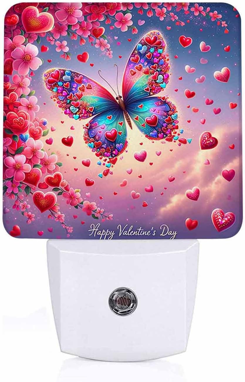 LED Night Light Lamp with Smart Sensor Dusk to Dawn Sensor,Cute Butterfly Happy Valentine's Day Red Hearts Night Light Daylight White,0.5W Plug-into Wall for Adults,Bedroom,Bathroom,Hallway