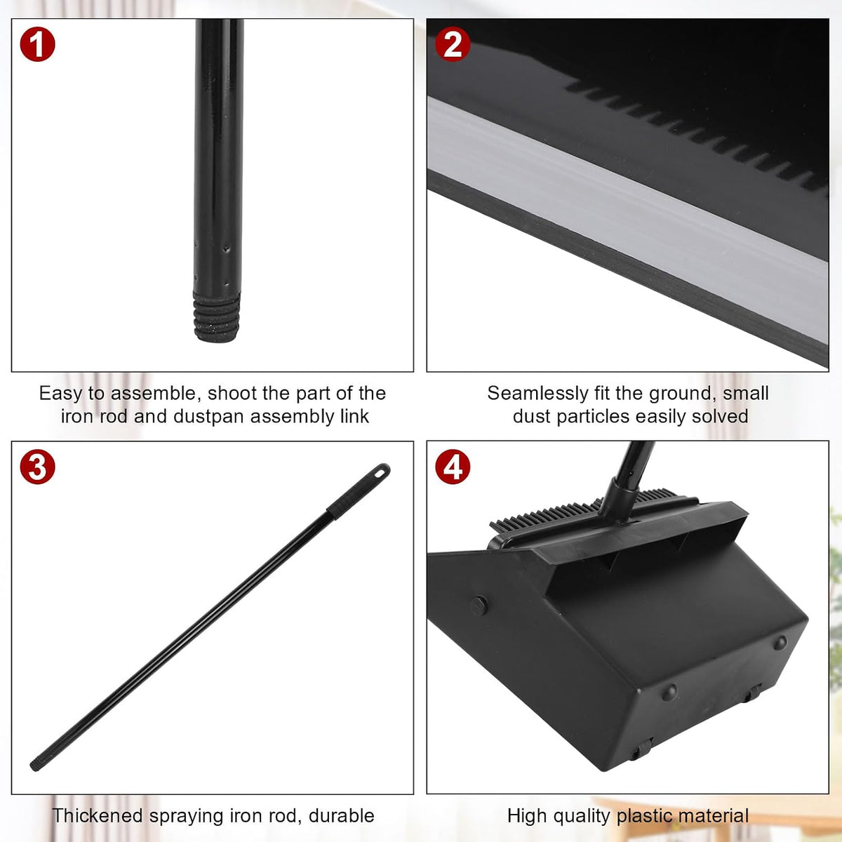 Leumoi 8 Pcs Dust Pans with Long Handle with Comb Stand up Dustpan,Black
