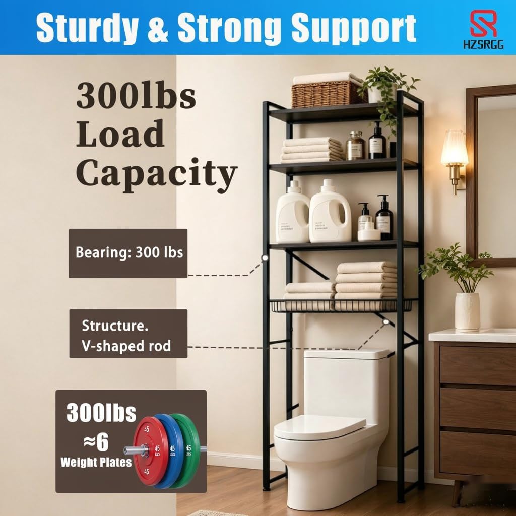 Over The Toilet Storage, 4-Tier Bathroom Organizer with V-Shaped Support & Pre-Welded Frame, Freestanding Rustproof Shelf with Toilet Paper Holder, Heavy Duty, 60" Tall, Black