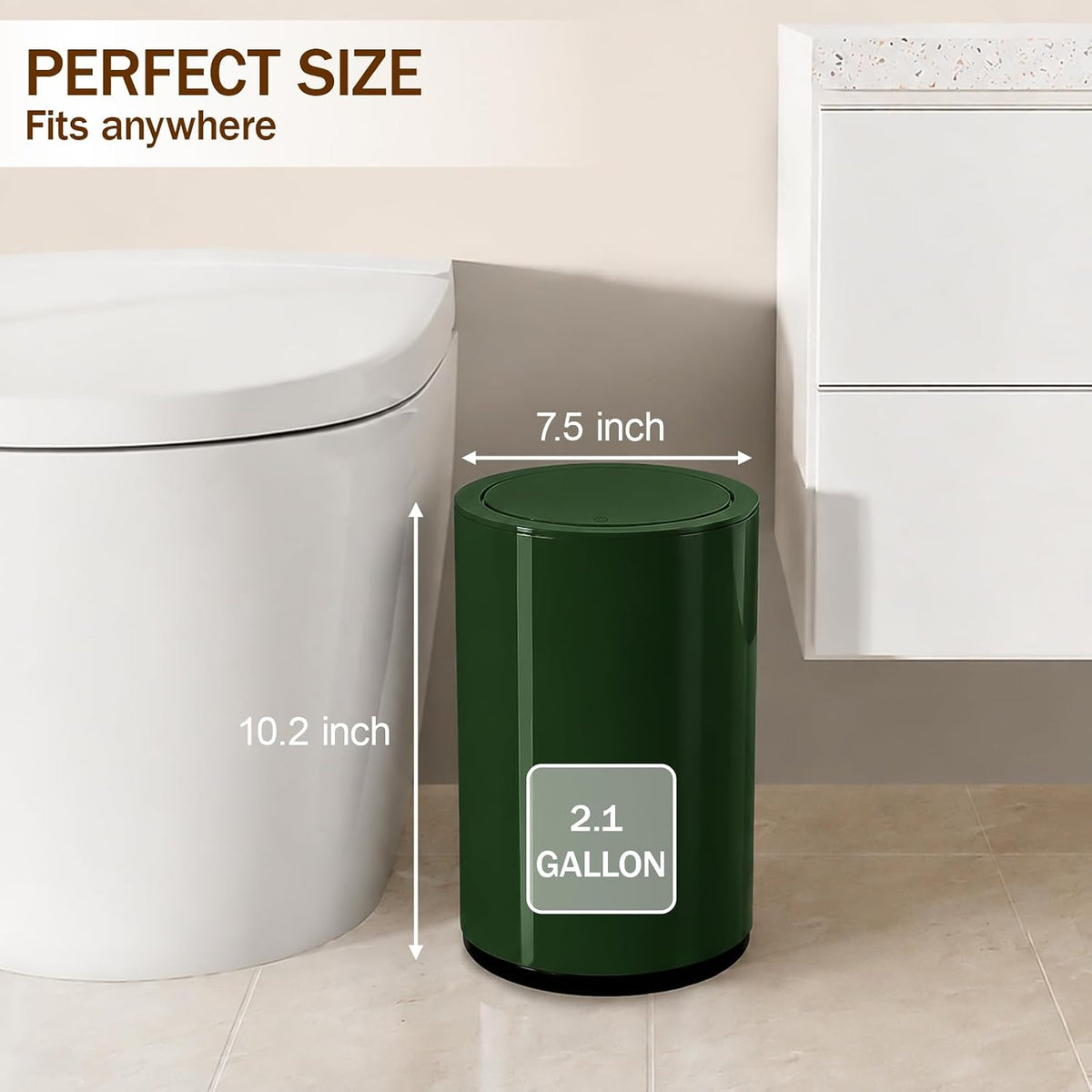 Small Bathroom Trash Can with Lid, 2.1 Gallon Plastic Garbage Can Green