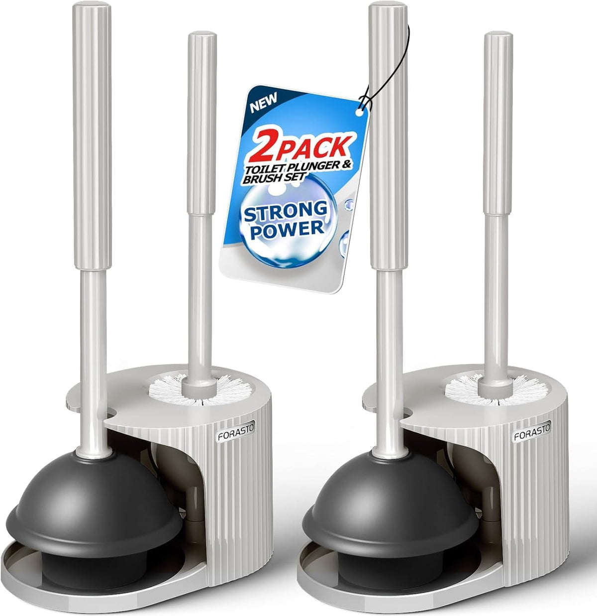 FORASTO 2Pack 2 in 1 Toilet Plunger and Brush Set,Extended Handle Plunger,Toilet Bowl Brush Plunger Set,Bathroom Cleaning Tools,Cleaning Brush,Toilet Brush Plunger Combo,Cream Grey（21inch）