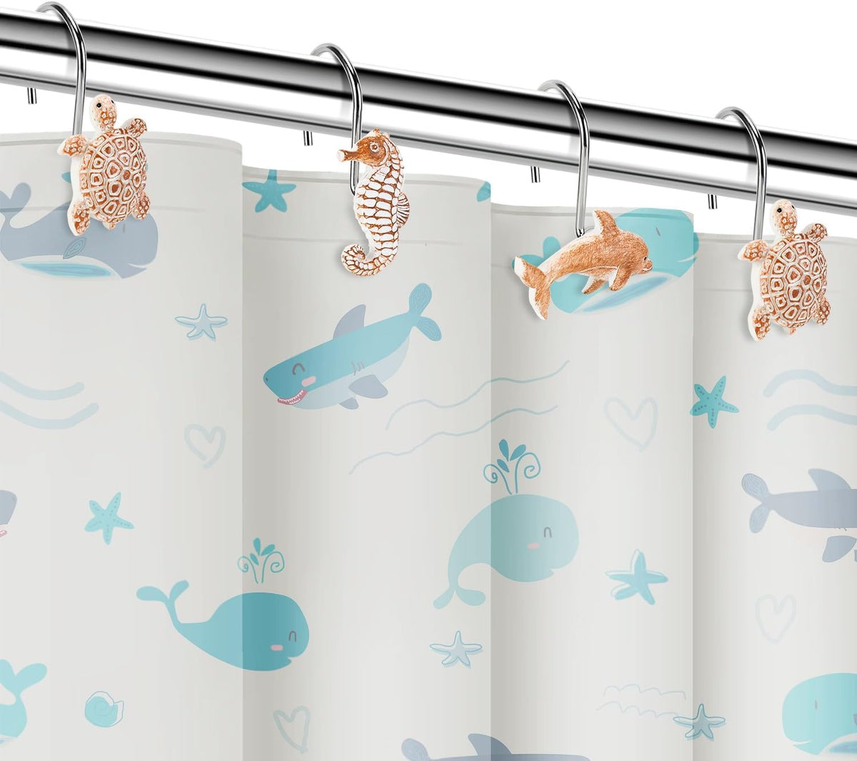 Seashell Shower Curtain Hooks, 12Pcs Decorative Anti-Rust Shower Hooks, Coastal Style Curtain Hooks for Bathroom Nursery Bedroom Living Room Decoration (Turtle Starfish Dolphin)