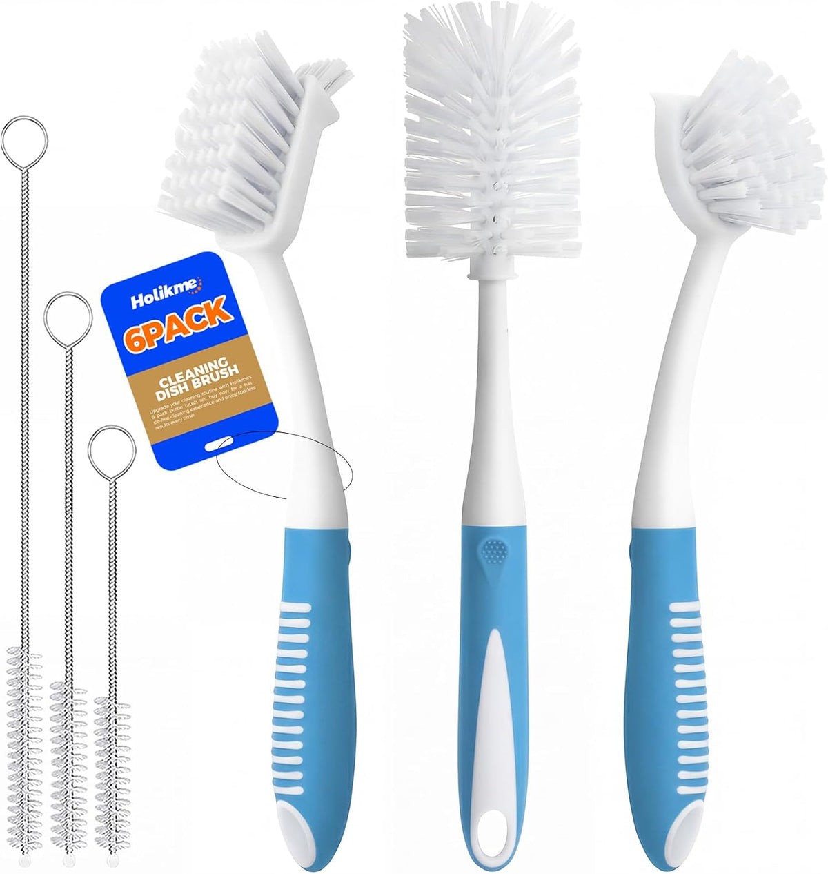 Holikme 6 Pack Dish Brush Set with Bottle Brush, Dish Scrub Brush,Blue