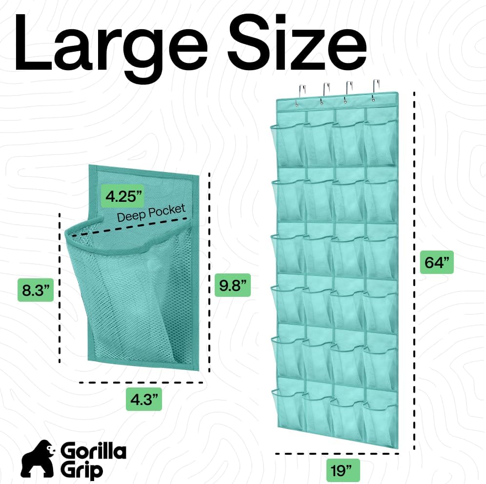 GORILLA GRIP Over the Door Shoe Organizer, 24 Large Pockets, Turquoise