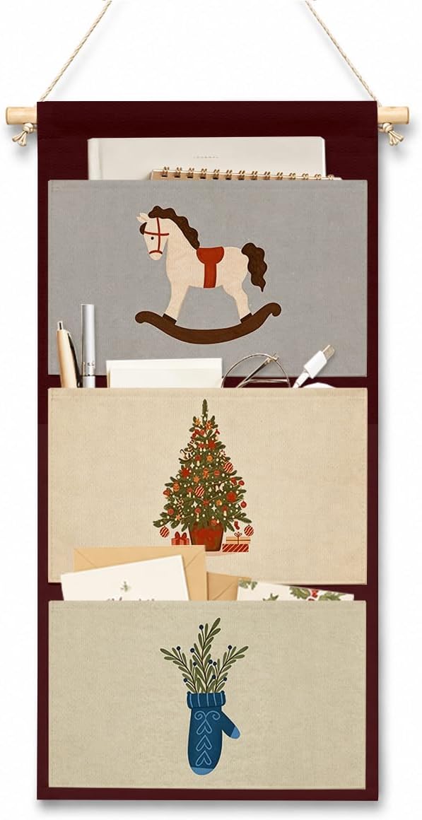 IAXIC Christmas Decor Rocking Horse Tree Mitten Canvas Wall Art Organizer
